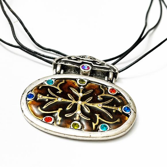 Chico’s Vintage Enamel & Crystal Pendant Necklace - Picture 4 of 8